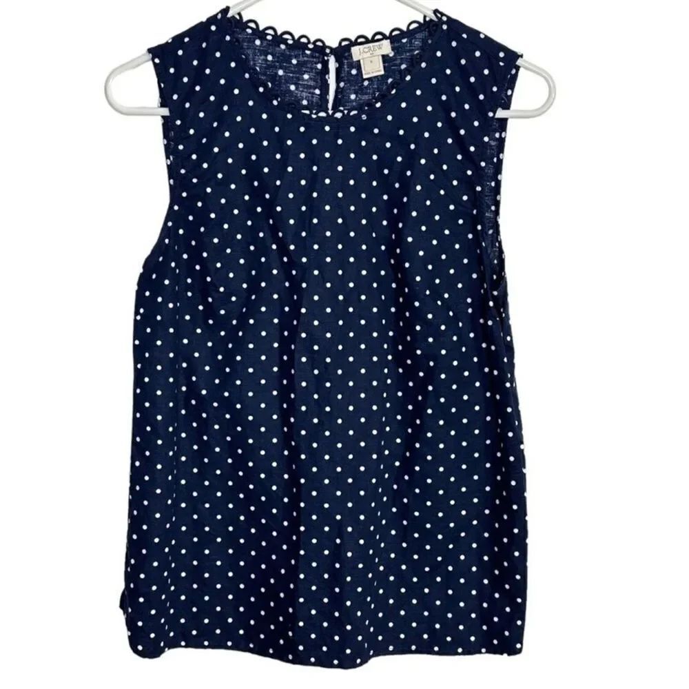 J.Crew factory blue linen blend top with white polkadots sleeveless top size 4